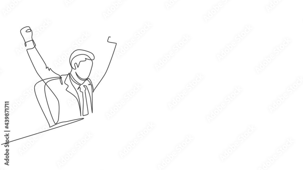 Self drawing animation of one single line draw businessman sitting in front of laptop celebrate his business deal. Business agreement celebration concept continuous line draw. Full length animated. Self drawing animation of one single line draw businessman sitting in front of laptop celebrate his business deal. Business agreement celebration concept continuous line draw. Full length animated.