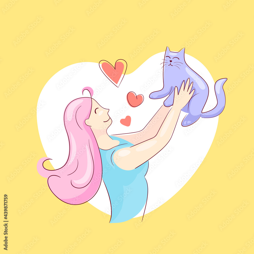 Girl hug domestic cat. Female hugging kitten with love, pretty friendship of man and pet, handwritten flat sketch isolated on white background with halftone color elements, vector illustration Girl hug domestic cat. Female hugging kitten with love, pretty friendship of man and pet, handwritten flat sketch isolated on white background with halftone color elements, vector illustration