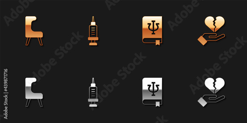 Set Armchair, Addiction to the drug, Psychology book, Psi and Broken heart or divorce icon. Vector