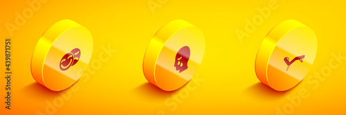 Set Isometric Comedy and tragedy masks, Man graves funeral sorrow and Armchair icon. Vector