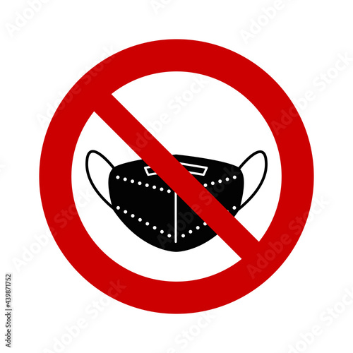 Black face mask in a prohibition sign. No mask needed. The mask is not required. FFP2 or KN95 medical respiratory mask with details: nose clip, no valve, bands. photo