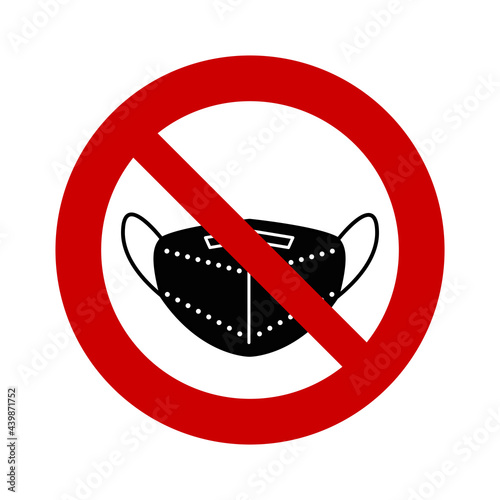 Black face mask in a prohibition sign. No mask needed. The mask is not required. FFP2 or KN95 medical respiratory mask with details: nose clip, no valve, bands.