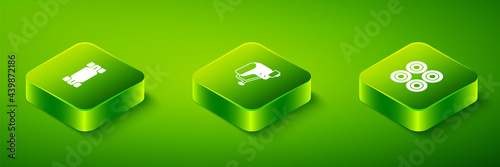 Set Isometric Skateboard helmet, wheel and Longboard or skateboard icon. Vector