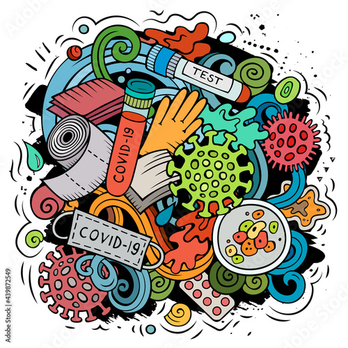 Coronavirus hand drawn cartoon doodles illustration. Colorful composition