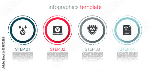 Set Acid rain and radioactive cloud, Nuclear laptop, Radioactive shield and Radiation warning document. Business infographic template. Vector