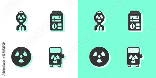 Set Electric car charging station, Nuclear bomb, Radioactive and Dosimeter icon. Vector
