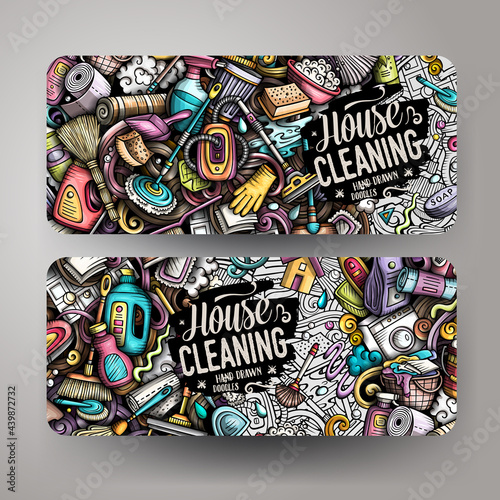 Cartoon cute doodles Cleaning horizontal banners set