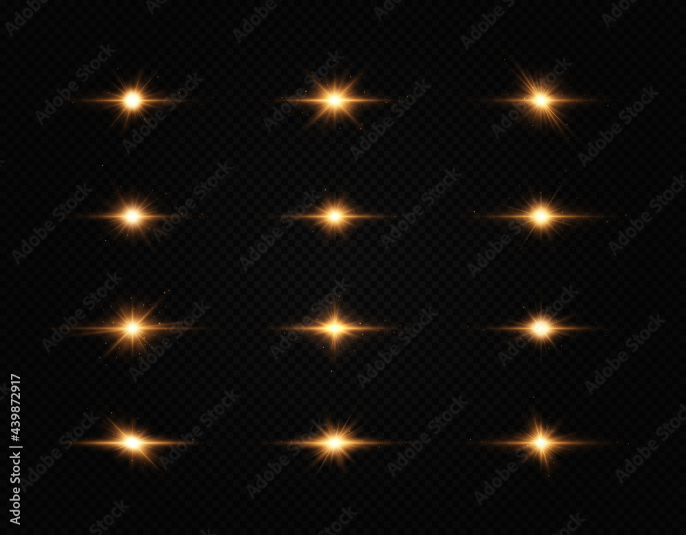 Set of bright star. Golden glowing light explodes on a transparent background. Set of bright star. Golden glowing light explodes on a transparent background.