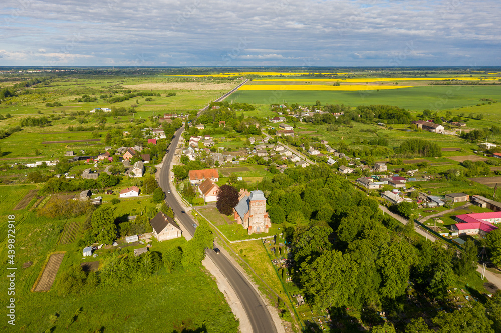 Gross-Legitten Evangelical Lutheran Church in the Nekrasovo village, Kaliningrad Region, drone view
