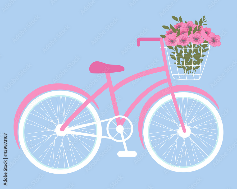 Bike with basket of flowers. Bicycle with a beautiful bouquet of flowers and green leaves. Vector illustration.