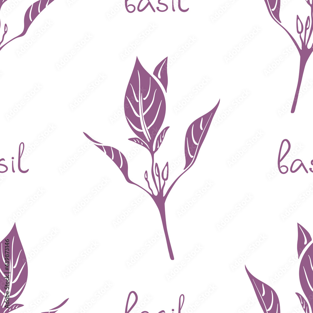 Seamless pattern with basil. Colorful paper cut culinary herbs isolated on white background. Doodle hand drawn vector illustration