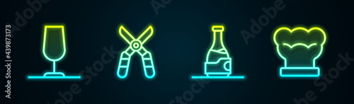 Set line Wine glass, Gardening scissors, Bottle of wine and Chef hat. Glowing neon icon. Vector