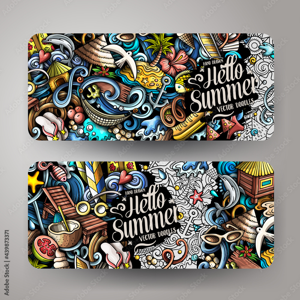 Cartoon cute doodles Summer Beach horizontal banners set