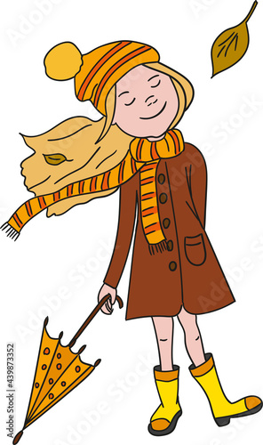 Young woman with umbrella on white background. Vector illustration