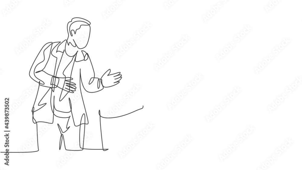 Animated self drawing of one continuous line draw young start up members check the work each others using laptop and tablet. Business process teamwork concept. Full length single line animation. Animated self drawing of one continuous line draw young start up members check the work each others using laptop and tablet. Business process teamwork concept. Full length single line animation.