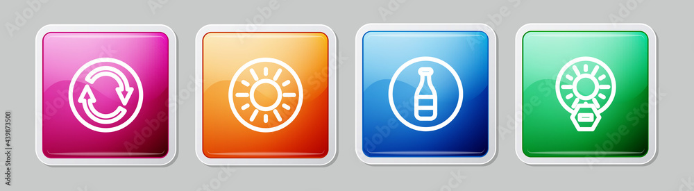 Set line Recycle symbol, Sun, Bottle and No direct sunlight. Colorful square button. Vector Set line Recycle symbol, Sun, Bottle and No direct sunlight. Colorful square button. Vector