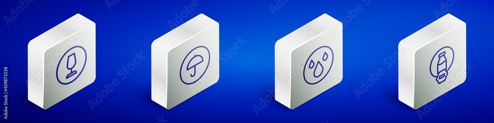 Set Isometric line Fragile broken glass, Delivery package with umbrella, Water drop and Lactose free icon. Vector Set Isometric line Fragile broken glass, Delivery package with umbrella, Water drop and Lactose free icon. Vector