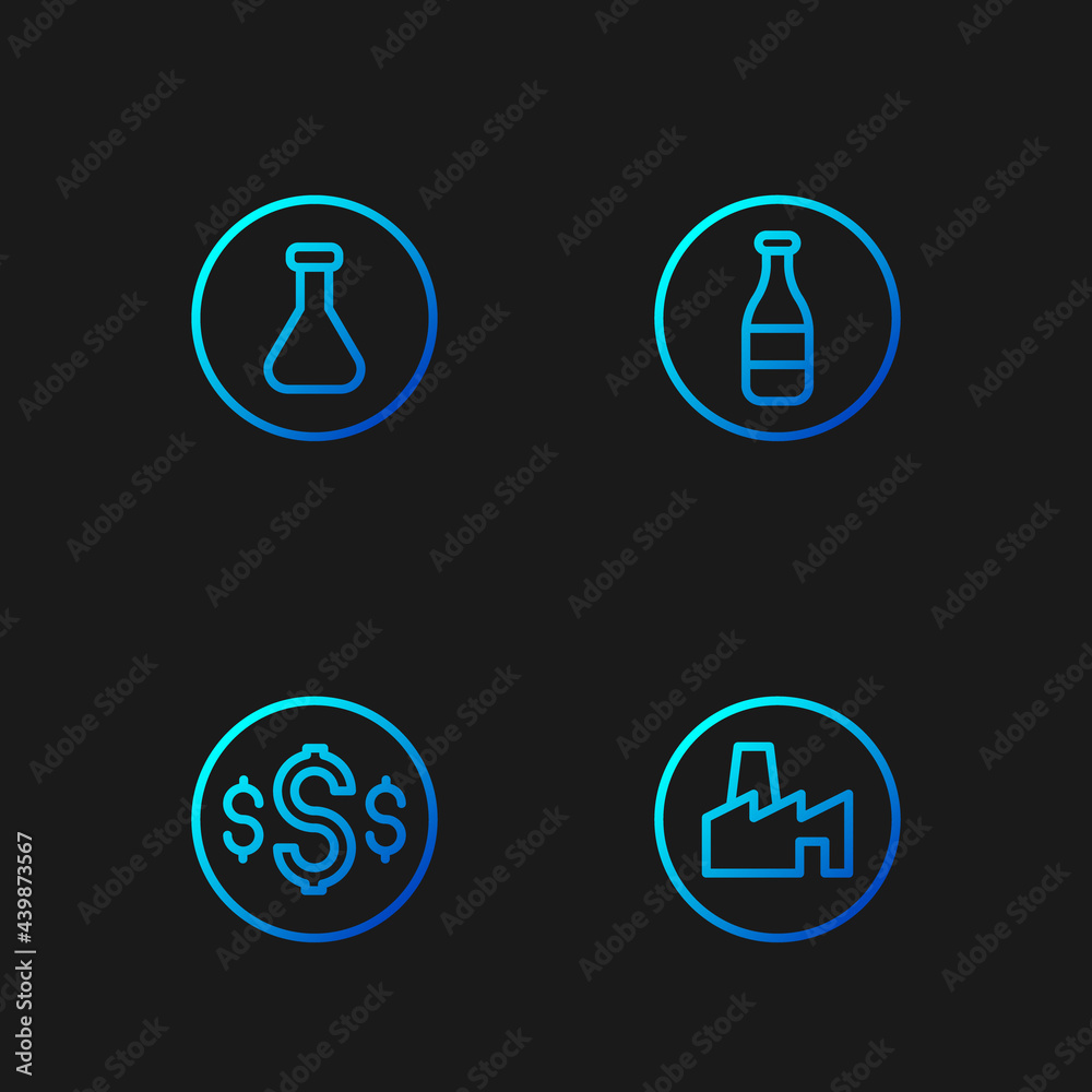 Set line Factory production, Dollar symbol, Test tube and flask and Bottle. Gradient color icons. Vector Set line Factory production, Dollar symbol, Test tube and flask and Bottle. Gradient color icons. Vector
