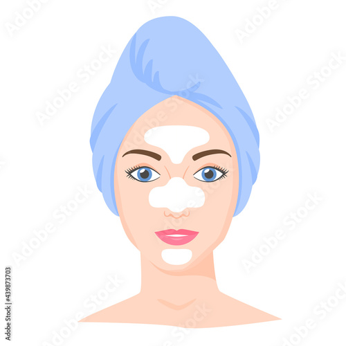 Young white woman with cosmetic mask and towel on head. Skincare procedures at home. Cosmetic clay or sheet mask. Vector