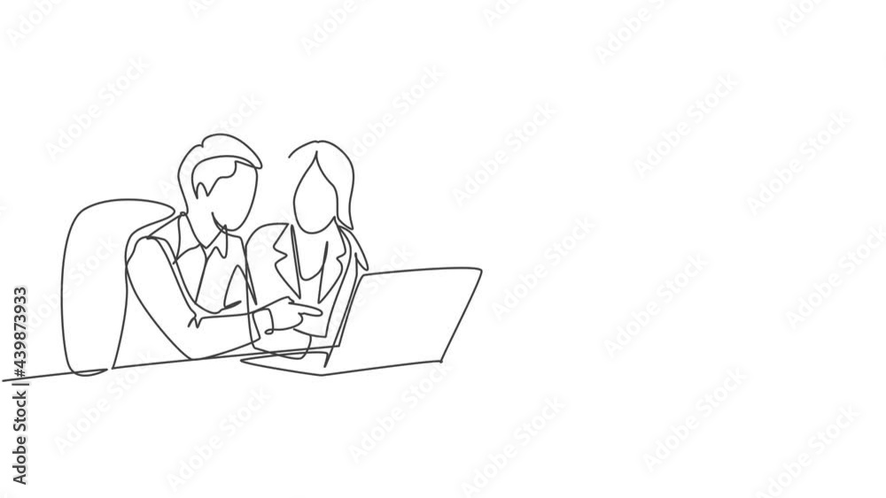 Animated self drawing of single continuous line draw businessman and businesswoman discussing project learning data graph on laptop screen. Business meeting concept. Full length one line animation. Animated self drawing of single continuous line draw businessman and businesswoman discussing project learning data graph on laptop screen. Business meeting concept. Full length one line animation.