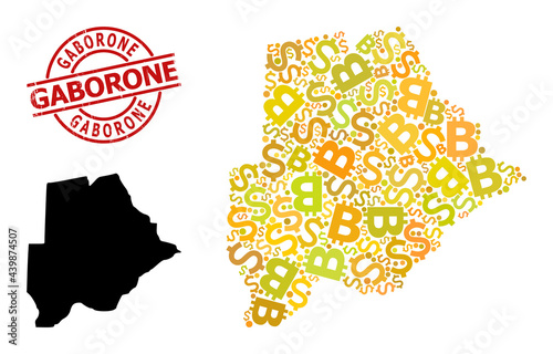 Grunge Gaborone seal, and money mosaic map of Botswana. Red round seal includes Gaborone caption inside circle. Map of Botswana mosaic is organized of money, dollar, bitcoin yellow elements.