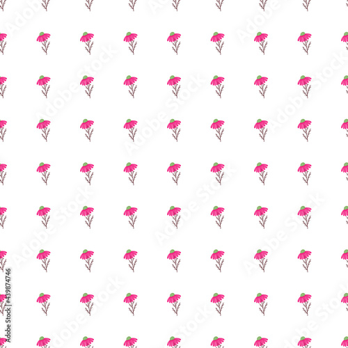 Abstract botanic seamless pattern with little simple pink camomile flowers elements. White background.