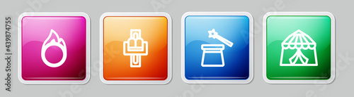 Set line Circus fire hoop, Attraction carousel, Magic hat and wand and tent. Colorful square button. Vector