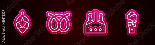 Set line Hop, Pretzel, Pack of beer bottles and Glass. Glowing neon icon. Vector