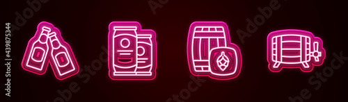 Set line Beer bottle, can, Wooden barrel and . Glowing neon icon. Vector