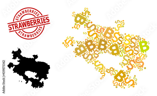 Textured Strawberries stamp seal, and currency mosaic map of Alava Province. Red round stamp seal contains Strawberries title inside circle. Map of Alava Province mosaic is designed of money, funding,