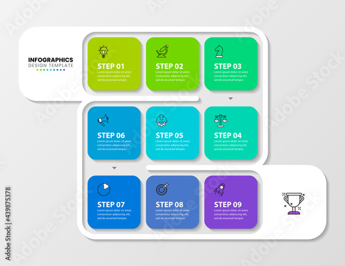Infographic design template. Timeline concept with 9 steps