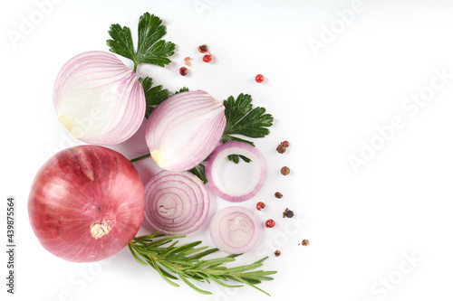 Red whole and sliced onion, Fresh onion isolated on white background with clipping path. Sliced red onion with parsley on the white.