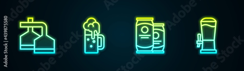 Set line Beer brewing process, Wooden beer mug, can and tap. Glowing neon icon. Vector
