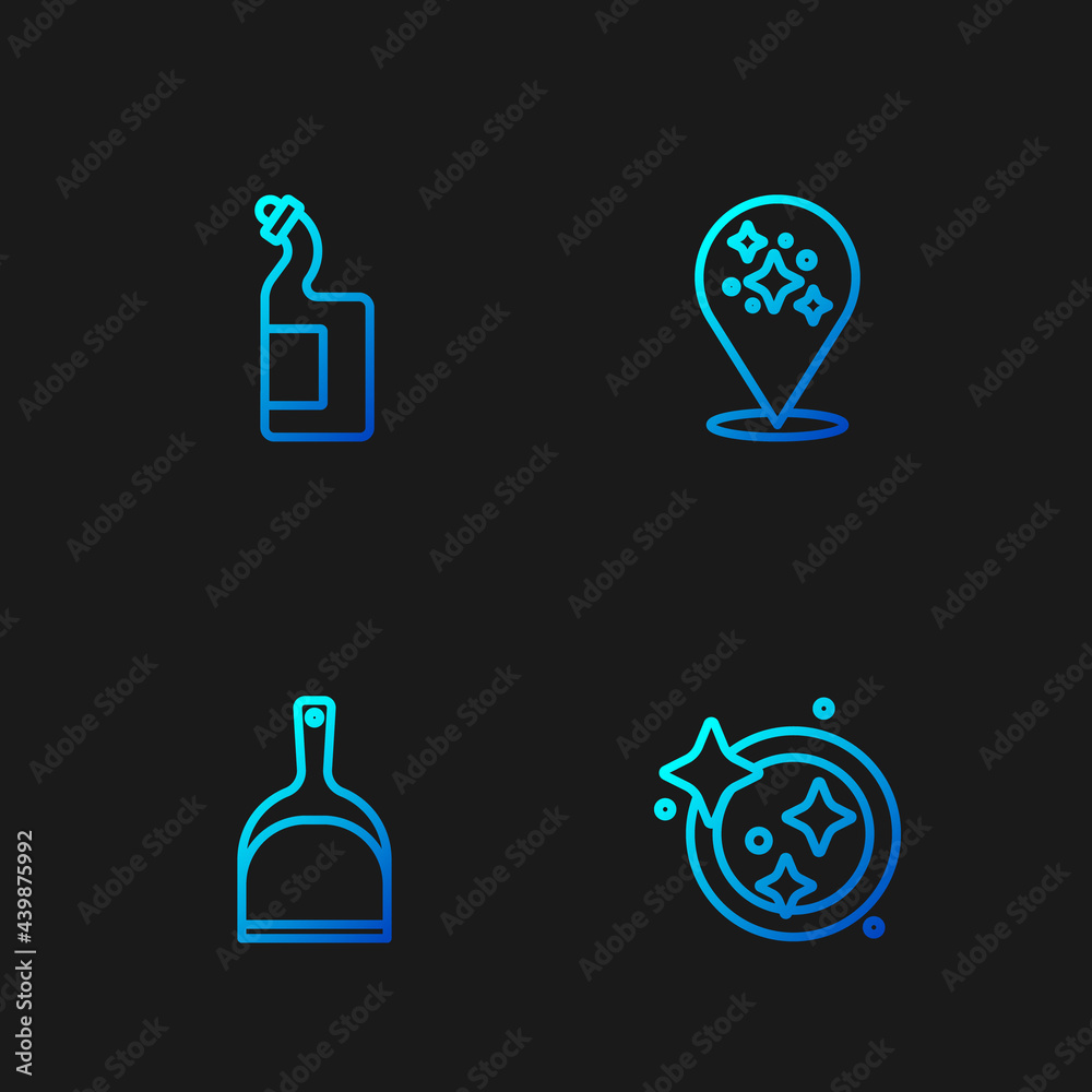 Set line Washing dishes, Dustpan, Dishwashing liquid bottle and Home cleaning service. Gradient color icons. Vector