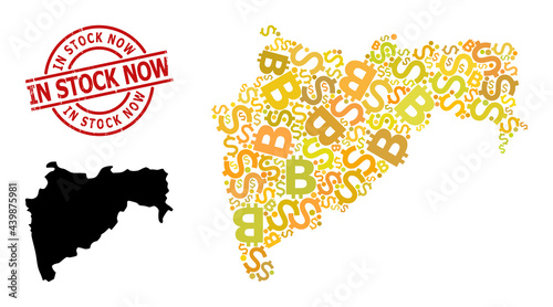 Rubber In Stock Now stamp seal, and finance collage map of Maharashtra State. Red round stamp includes In Stock Now title inside circle. Map of Maharashtra State collage is created from finance,