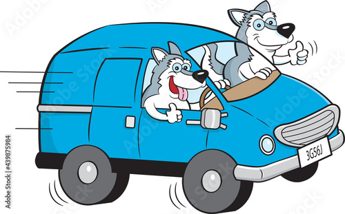 Cartoon illustration of two husky dogs driving a van.