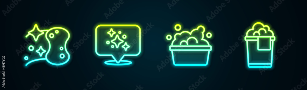 Set line Sponge, Home cleaning service, Basin with soap suds and Bucket foam. Glowing neon icon. Vector Set line Sponge, Home cleaning service, Basin with soap suds and Bucket foam. Glowing neon icon. Vector