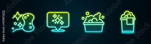 Set line Sponge, Home cleaning service, Basin with soap suds and Bucket foam. Glowing neon icon. Vector