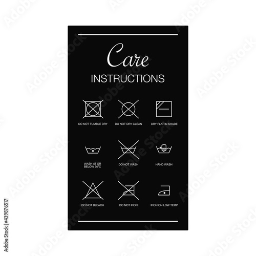 Garment care instuctions card with laundry symbols in vector icon