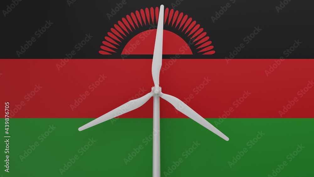 Fototapeta premium Large wind turbine in center with a background of the country flag of Malawi