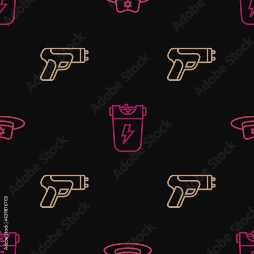 Set line Sheriff hat with badge, Police electric shocker and on seamless pattern. Vector