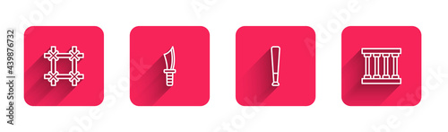 Set line Prison window, Military knife, Baseball bat and with long shadow. Red square button. Vector