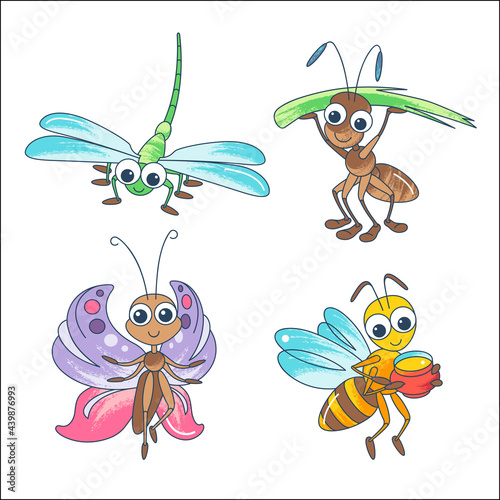 Cute insects cartoon characters. Bright butterfly, dragonfly, ant, bee isolated on white background. Colourful Illustration. © Yulia Ogneva