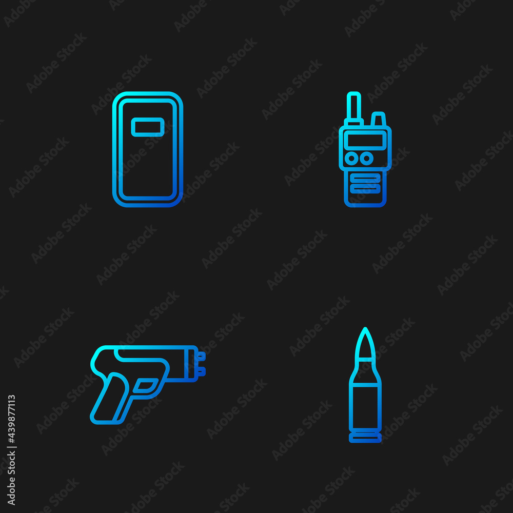 Set line Bullet, Police electric shocker, assault shield and Walkie talkie. Gradient color icons. Vector Set line Bullet, Police electric shocker, assault shield and Walkie talkie. Gradient color icons. Vector