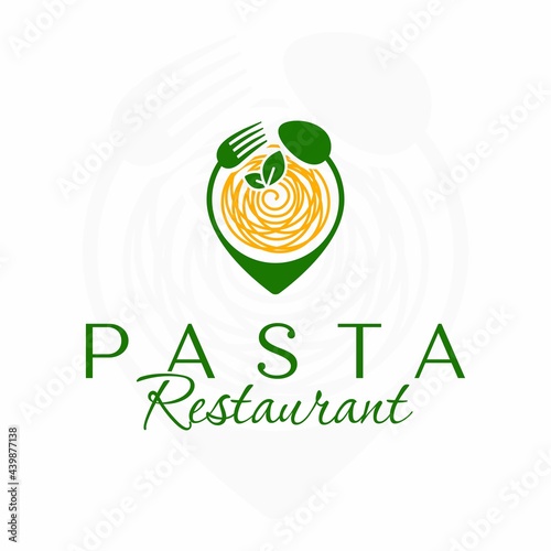 Pasta restaurant logo. Italian restaurant logo. Location pin spoon and fork. Italian food. Spaghetti.