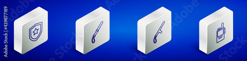 Set Isometric line Police badge, rubber baton, and Walkie talkie icon. Vector
