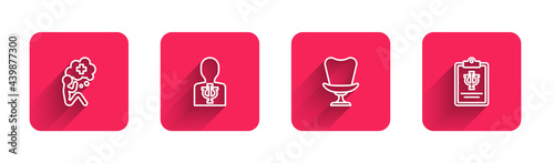 Set line Helping hand, Psychology, Psi, Armchair and with long shadow. Red square button. Vector