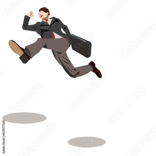 Young worker guy with bread jumping to show his success. Business man wearing suits ,carrying briefcase is jump from point to point on white background.Vector isolate flat design concept for Challenge