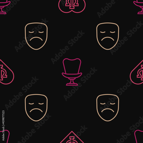Set line Psychology, Psi, Drama theatrical mask and Armchair on seamless pattern. Vector