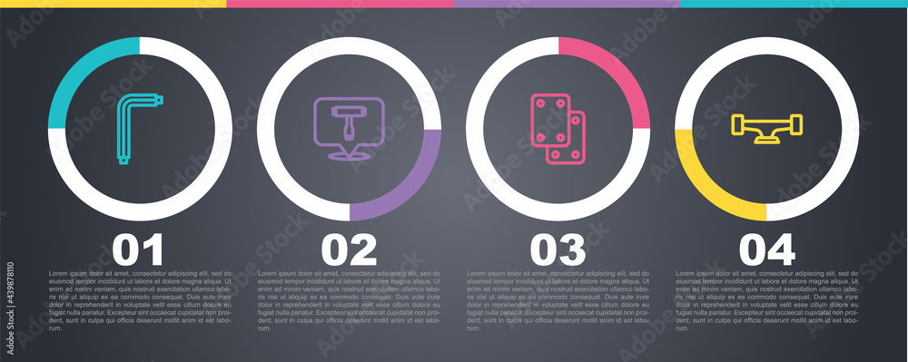 Set line Tool allen keys, Skateboard tool, Knee pads and wheel. Business infographic template. Vector Set line Tool allen keys, Skateboard tool, Knee pads and wheel. Business infographic template. Vector